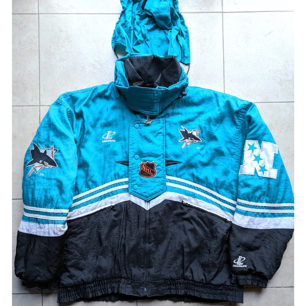 San Jose Sharks 90s Logo ATHLETIC puffer SPELL jacket XL teal NHL hockey vintage - Picture 7 of 10